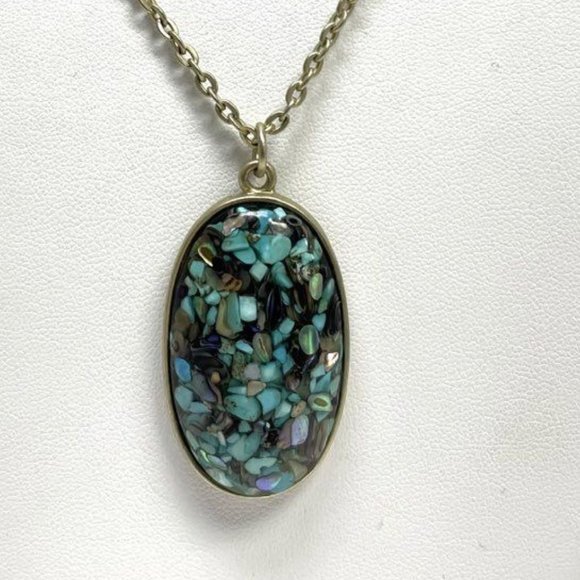 Gold-tone Turquoise & Abalone Resin Mosaic Pendant Necklace & Earrings Set - Picture 4 of 5